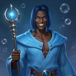 Portrait of a Male hydromancer, DND, D&D, navy hair, short straight hair, light blue robes, black skin!, blue eyes, grin, metallic scepter, bubble background, exposed midriff, extremely detailed, by frank franzzeta, mcbess, WLOP, Genzoman and gary gygax, trending on artstation, artstationHD, artstationHQ, deviantart, 16K, HD, matte painting, vibrant colors