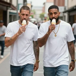 Hide the pain Arnold and DJ Khaled licking ice cream in street while walking, 4K, photorealistic