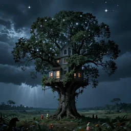 a tree with a building growing out of it, with stars shooting from the branches, it's night time, a great storm is in the distance and pygmies are seen at the horizon. 8 k