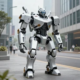 a mech robot on a modern street, realistic
