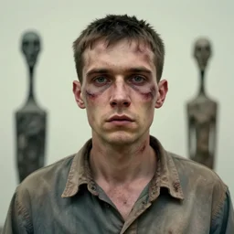 a starved soviet prisoner with ( terror in his eyes ), slightly scarred and pitted, hyperrealistic, beautiful, detailed portrait, intricate complexity, by conrad roset and jean dubuffet and daniel johnston and giacometti, muted pastel colors, 4 k, beautiful, cinematic dramatic atmosphere, very realistic, soft focus