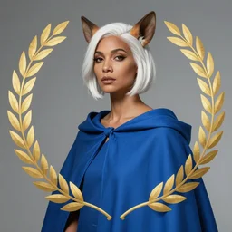 a female satyr with tan skin, short white hair, and a blue cloak