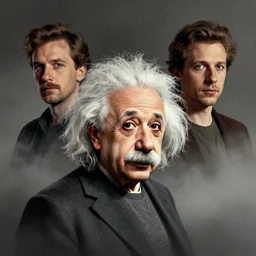 illustrated portrait of albert einstein, colorful, mads berg, karolis strautniekas, christopher balaskas, stippled light, low fog, moody, fine texture, editorial, dramatic lighting, dynamic composition, detailed, matte print, muted color, victo ngai, wide angle