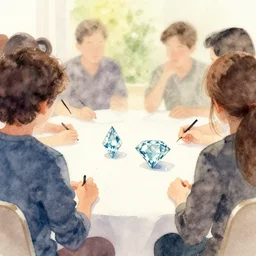 1 2 diamonds sitting on a table surrounded by people, watercolor painting
