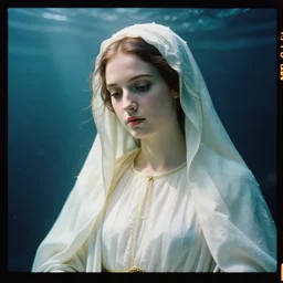 kodak portra 4 0 0 photo portrait of a beautiful holy mary in style of giovanni gastel, wearing a white elizabethian dress, 8 0 mm lens, f 2. 4, elegant, highly detailed, sharp focus,, octane render, ethereal, out worldly colours, emotionally evoking, head in focus, soft blur light dreamy underwater, volumetric lighting unreal engine, epic fantasy
