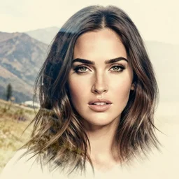 megan fox face feded next to realistic mountain scenery, double exposure effect, medium sized tattoo sketch, amazing detail, trending on pinterest, in the style of brandon kidwell