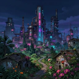 a beautiful ultradetailed illustration of village abandoned architecture industrial architecture building urbex nature city by zaha hadid, sea synthwave nature bladerunner 2 0 4 9 uv light neon noir studio ghibli dramatic lighting flowers nightsky myst, archdaily, wallpaper, highly detailed, trending on artstation.