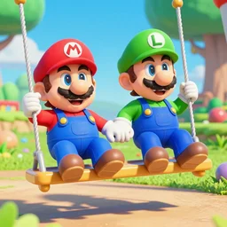 a picture of mario and luigi on a swing together, 3 d render, 8 k