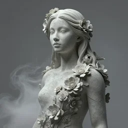 portrait of a beautiful ethereal female made of concrete made of flowers made of mist, Andrew Ferez, Charlie Bowater, Marco Mazzoni, Seb McKinnon, Ryohei Hase, trending on cgsociety, featured on zbrush central, new sculpture, mystical