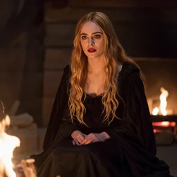 Elle Fanning in a black cultist robe by the fire. Art by william adolphe bouguereau. Extremely detailed. Beautiful. 4K. Award winning.