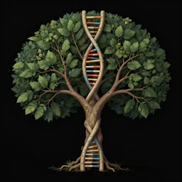 human dna! is single beautiful tree! of wisdom!, enchanted botany illustration, dark background, by marianne north, by android jones, digital matte painting, very coherently symmetrical, very contrast