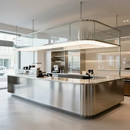cafe counter bar design, modern, steel and glass, mies van der rohe, very detailed
