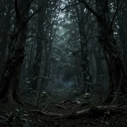An evil forest, gothic, dark atmosphere, ominous, matte painting, highly detailed