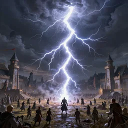 highly detailed powerful thick energywall of lightningelectricity in the middle of an open medieval battlefield, intricate details, trending on artstation, cgsociety, 8 k, cinematic, unreal engine, octane render, illustration digital painting, sharp focus, art by wlop and greg rutkowski, rule of thirds, golden ratio, ambient lighting