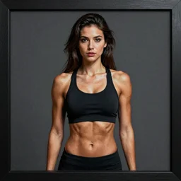fine art portrait of the worlds most beautiful fitness model, strong abdominal muscles, studio portrait lighting, black frame with wide matte, Oil pastels, symmetrical face, petite features