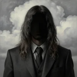 portrait of a faceless shadow - head man with long messy fuzzy hair in a suit, clouds in the background, by rene magritte, detailed painting, distance, middle centered, hd, hq, high resolution, high detail, 4 k, 8 k