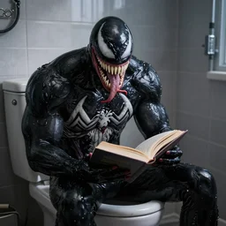 venom on the toilet reading a book, photoreal, volume light