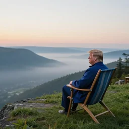 donald trump sitting on a lawn chair on a cliff looking down at the scenery, peaceful, dawn