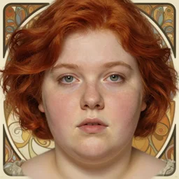 portrait of short and plump 5 0 - year - old woman with red hair and a kind face, hyper realistic face, beautiful eyes, close up, fantasy art, in the style of greg rutkowski, intricate, alphonse mucha, hyper detailed, smooth