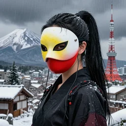 highly detailed portrait of long ponytail black hair ninja mask female, stray heavy raining wiring by meybis ruiz cruz, ilya kuvshinov, 4 k resolution, gradient red, yellow, black and white color scheme!!! ( ( snowy fuji mountain japan village and tokyo tower background ) )