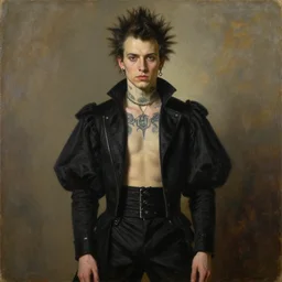 portrait of a handsome man in a black outfit, punk, shirtless tattoos, piercings, a flemish baroque by alexander mcqueen, art by john collier by greg rutkowski and craig mullins, hernan bas, oil on canvas