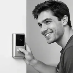 smilling man seen on creppy doorbell camera, black and white