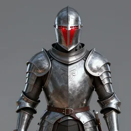 a knight wearing silver plate armor, red glow coming from helmet, brigandine, DOOM inspired, realistic octane render, high detail