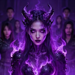 a beautiful portrait of a young Demon women covered in deep purple flames with an intense look on her face by Greg Rutkowski, Sung Choi, Mitchell Mohrhauser, Maciej Kuciara, Johnson Ting, Maxim Verehin, Peter Konig, Bloodborne , 8k photorealistic, cinematic lighting, HD, high details, atmospheric , trending on artstation