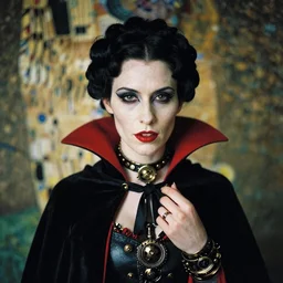 A beautiful portrait of a lady vampire, steampunk, photography, 35mm, soft light, cinematic, klimt