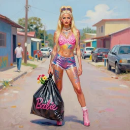 still from music video of barbie palvin from die antwoord standing in a township street, wearing a trashbag garbage bag and flowers, street fashion, full figure portrait painting by martine johanna, ilya kuvshinov, rossdraws, pastel color palette, shiny plastic, graffiti bodypaint, detailed impasto brushwork, impressionistic