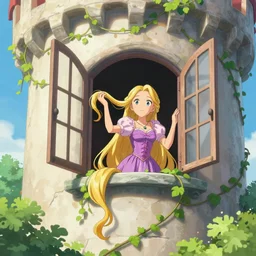 rapunzel letting down her hair, head out the window at the top of the tower, anime style, garden, vines, vertical shot, digital art