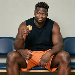 an obese zion williamson with a naruto haircut sitting on the bench and holding a cookie