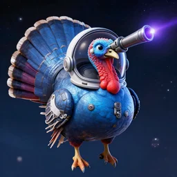 digital photoreal art of a blue turkey in space, octane render, wearing a space helmet, with laser cannon on it's forehead, high quality, artstation