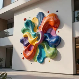 : colorful abstract melty sculpture on the wall in modern architecture, cinematic lighting, hyper - realistic, detailed, render by c 4 d octane, unreal engine, 8 k 3 d render