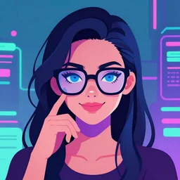 illustration of an attractive young woman, dark hair, blue eyes, thick glasses, symmetrical, thinking, smirking, vector art, vaporwave, blade runner style, cyberpunk, neon lighting, teal, purple, pink