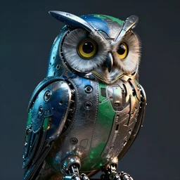 picture of an robotic owl, cyberpunk style, she is made from stainless steel and leather, her colors colors are metallic blue and metallic green