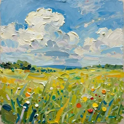 oil paint impasto reliefs of summer fields painted with thick heavy expressive paint and cumulus clouds, less thick expressive paint crudely pointillist in parts, some splattered paint