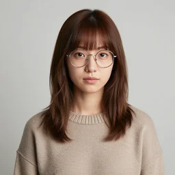 portrait of a girl with bangs, brown hair and bangs, wearing an oversized sweater and round glasses with a thin silver frame, acting headshot