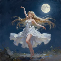 oil painting of a long hair anime lady ELF dancing in the moonlight l Trending on Pixiv