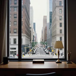 award winning photo of a street in new york, view from a skyscraper's window through a desk, by saul leiter, color photography, detailed, beautiful, real, extremely precise, elegant