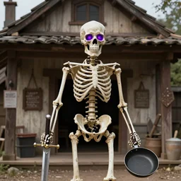 Skeleton, armed with sword and frying pan with glowing deep purple eyes standing in front of the inn