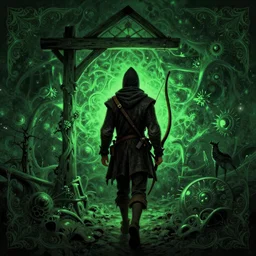 portrait of Robin hood walking towards the gallows with his bow on the back , somber ambience, in style of dark fantasy art, in style of Midjourney, stylized, detailed and intricate, mandelbulber fractal, elegant, ornate, horror, elite, ominous, haunting, beautiful digital painting, cinematic, cgsociety, Zdizslaw Beksinski, James jean, Noah Bradley, Darius Zawadzki, vivid deep green colors and vibrant outlines