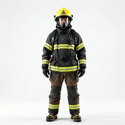 mysterious firefighter in full gear, studio photography, full body, standing, isolated on a pure white background, centered, whole figure in frame, sharp focus, studio lighting