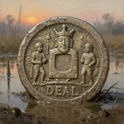 a detailed and accurate close up image masterpiece painting of a incan coin in muddy water in a swamp, foggy sunset, by tyler edlin, noah bradley, john j. park, jordan grimmer trending on artstation