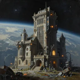 beautiful painting of old buildings on a distant planet with broken advanced technology with led lights working, epic composition, epic lighting, by christopher nolan