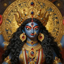 hyper realistic painting portrait of kali ma, occult diagram, elaborate details, detailed face, intrincate ornaments, gold decoration, occult art, oil painting, art noveau, in the style of roberto ferri, gustav moreau, david kassan, bussiere, saturno butto, boris vallejo