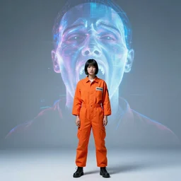 major motoko wearing an orange prison jumpsuit, a large hologram of a screaming face dominates the background, photography by fred palacio medium full shot still from bladerunner 2 0 4 9, sci fi, bladerunner, canon eos r 3, f / 3, iso 2 0 0, 1 / 1 6 0 s, 8 k, raw, unedited