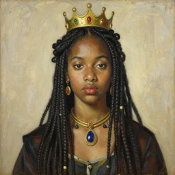 frontal portrait of a maximalist queen of fictional ethnicity. a painting by norman rockwell.