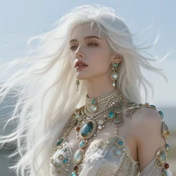 a beautiful white haired young woman, adorned with precious stones by jeremy mann and alphonse mucha, dynamic lighting, windy, dreamy, volumetric lighting, ethereal, 4 k, high detail