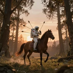 arrows struck astronaut riding a horse in a fantasy forest, landscape, evening ambience, sunset, cinematic, digital art, front lit, epic, cinematic